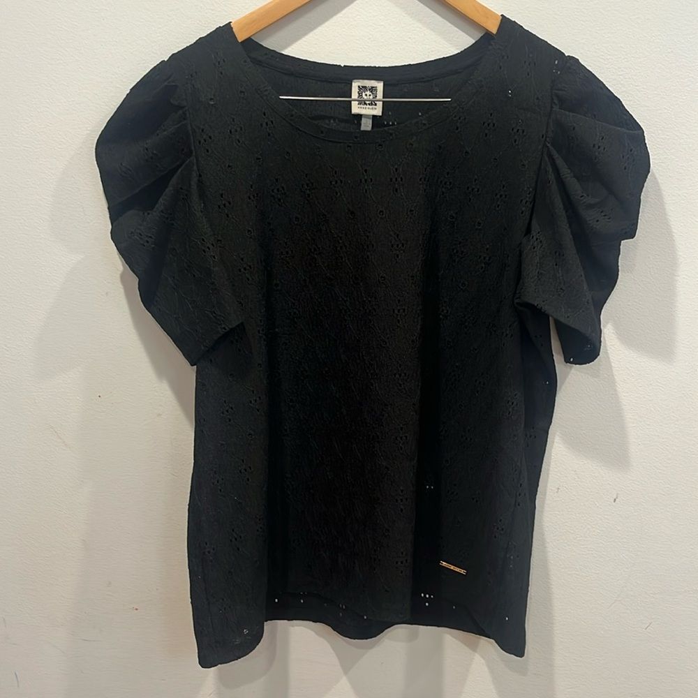 Anne Klein Women Large Black Puffsleeve Short Sleeve Eyelet Top Blouse Shirt